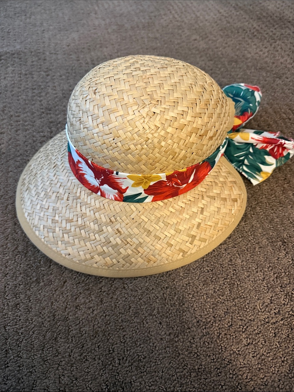 Straw Sun Hat with Red Floral Scarf Band